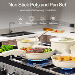 NULAS 21 Piece Pots and Pans Set Non Stick, Stackable RV Kitchen Cooking Set , Cookware Set with Detachable Handle, Dishwasher Safe, Oven Safe, Cream White