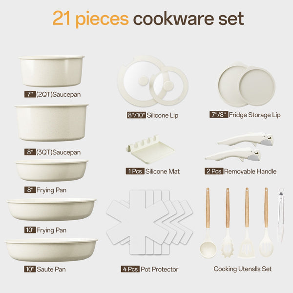 NULAS 21 Piece Pots and Pans Set Non Stick, Stackable RV Kitchen Cooking Set , Cookware Set with Detachable Handle, Dishwasher Safe, Oven Safe, Cream White