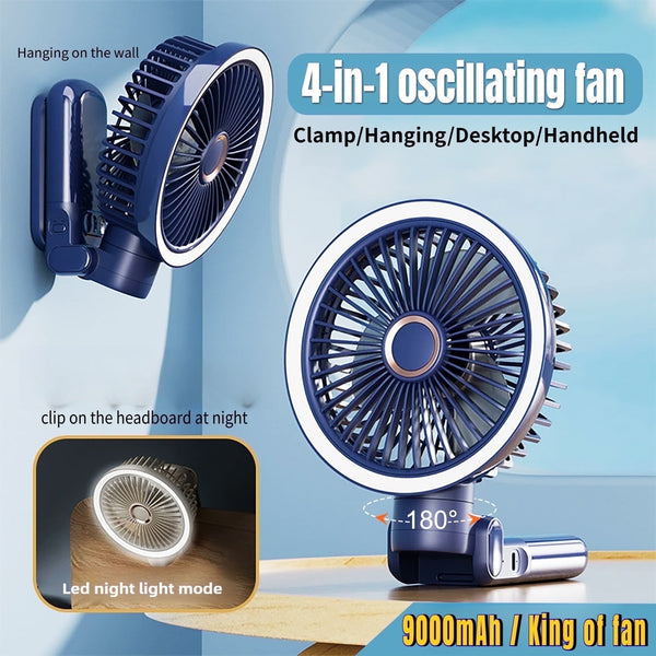 New 9000mAh 4-Speed Oscillating LED Desk Fan,Portable Stroller Fan/Foldable Hanging Clip Fans,Handheld Fans,Personal Rechargeable Small Fan for Home Travel Camping,11inch,Blue