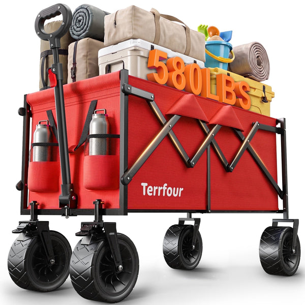 Terrfour 580LBS Collapsible Folding Wagon, Heavy Duty Utility Cart for Grocery, Shopping, Garden, Sports, Camping, Red