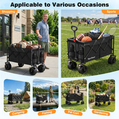 Terrfour Collapsible Wagon Cart with Tank Wheels, 580LBS Heavy Duty Folding Beach Wagon with Side Pocket for Camping Garden Sports Shopping, Black