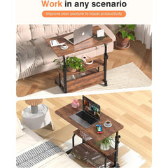 KLSMYHOKI Storage Portable Adjustable Height Desk, 32 Inch Rustic Rolling Computer Desk for Home Office Small Study Spaces