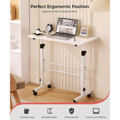 KLSMYHOKI Standing Desk, Adjustable Height 31.5" x 16" White Mobile Table with Wheels, Height Range 27"-43.5" for Home Office